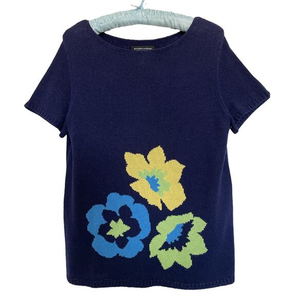 Good Clothes Collection Blue with Blossoms Short Sleeve Knit Sweater size Medium - Picture 1 of 6
